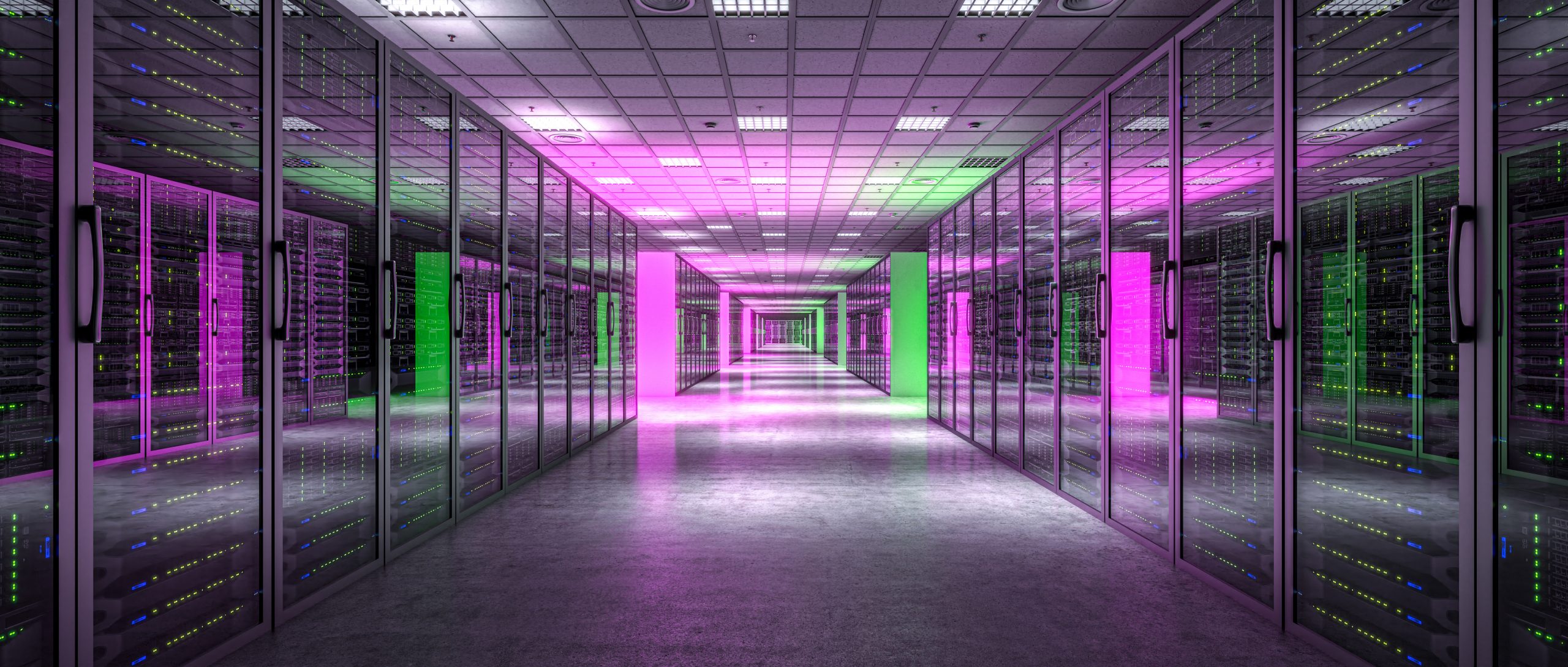 server room with purple and green lights, nobody around Rechenzentrum scaled